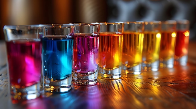 Photo colorful array of shot glasses with liqueurs