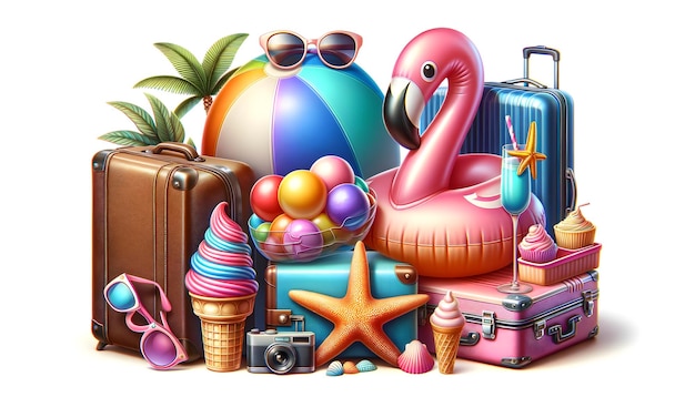 A colorful array of summer icons a beach ball plane shades starfish palm suitcase float