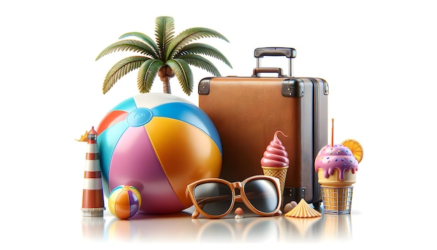 A colorful array of summer icons a beach ball plane shades starfish palm suitcase float