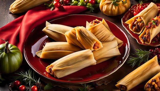 Photo colorful array of tamales on a festive platter