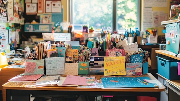 Colorful Art Supplies and Handmade Cards Organized on a Desk