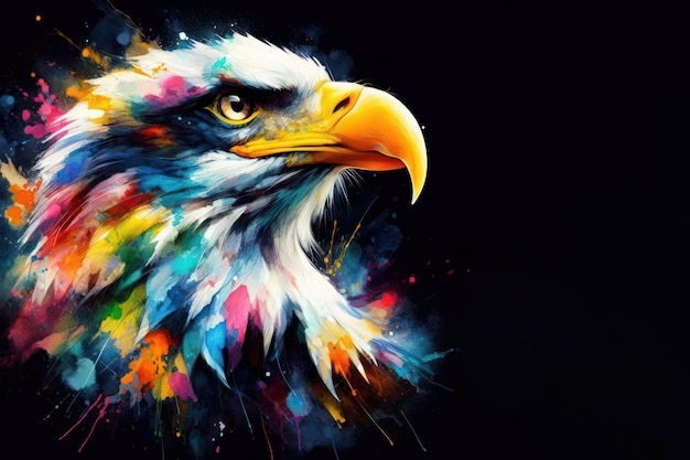 Colorful art watercolor paint ink contrast vibrant bald eagle Isolated on black background