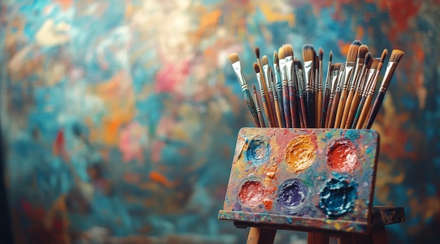 Photo colorful artist palette and brushes on display against an abstract backdrop in a creative studio