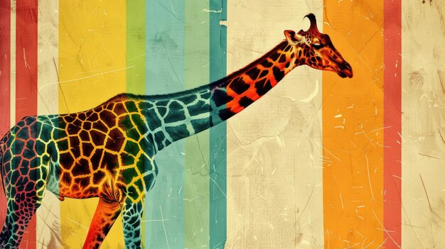 Photo a colorful artistic depiction of a giraffe against a striped background