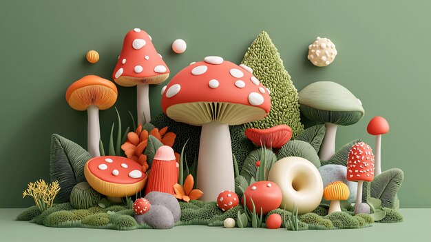 Photo colorful artistic mushrooms and plants on a green background