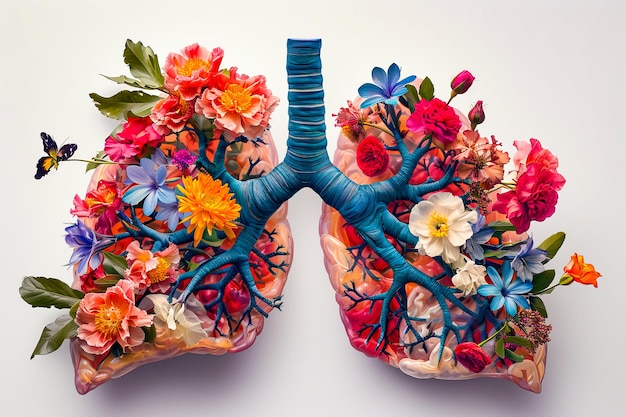 Colorful and artistic representation of lung complete with flowers in the alveoli