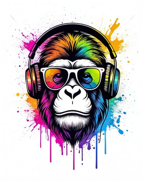 Colorful artwork of a gorilla wearing headphones with a splash of paint