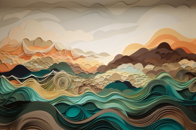 A colorful artwork with a mountain landscape in the background.