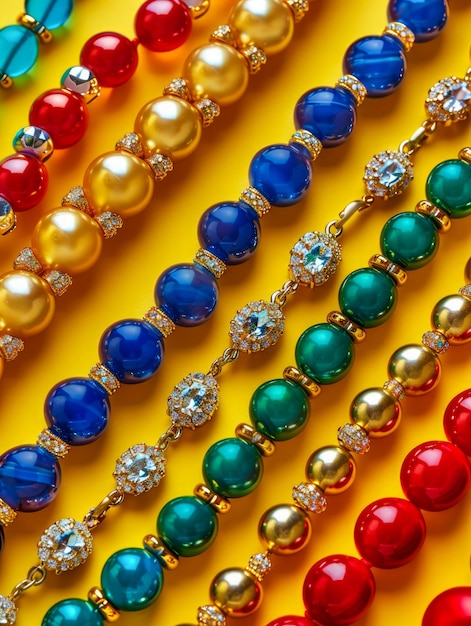 Colorful Assorted Bead Necklaces with Gemstones on Yellow Background Vibrant Jewelry Collection