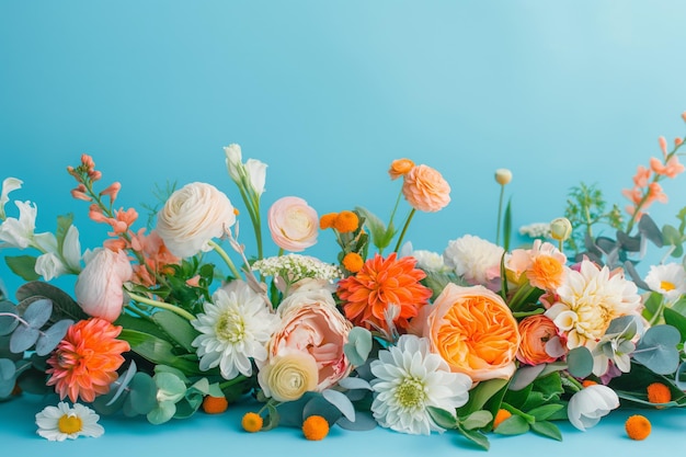 Colorful Assorted Flower Arrangement Against Blue Background for Celebrations