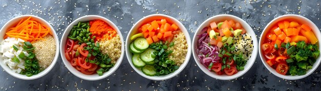 Photo colorful assorted healthy bowls with fresh vegetables and quinoa on a gray background top view vibrant and nutritious meal options perfect for a balanced diet and healthy lifestyle