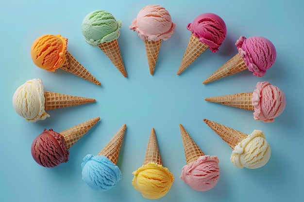 Colorful assorted ice creams in cones on a light blue background