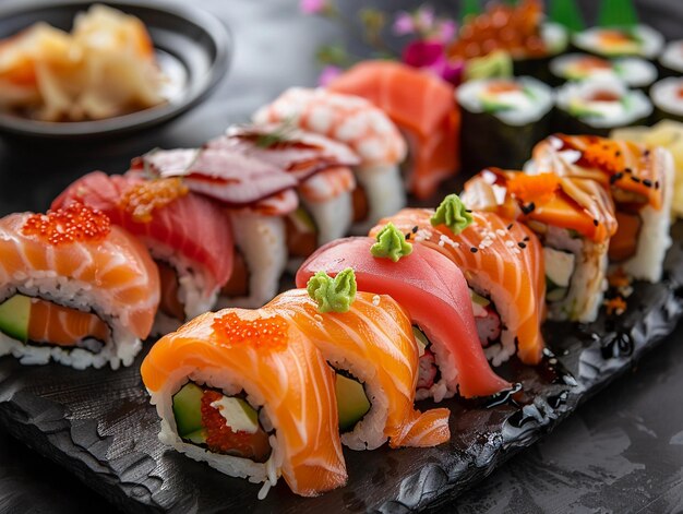 Colorful Assorted Sushi Rolls with Wasabi Garnish