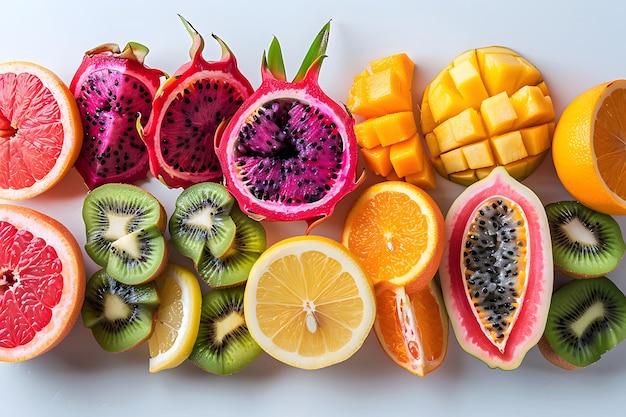 Photo colorful assorted tropical fruits including dragon fruit kiwi papaya mango lemon orange and grapefruit for healthy eating concepts