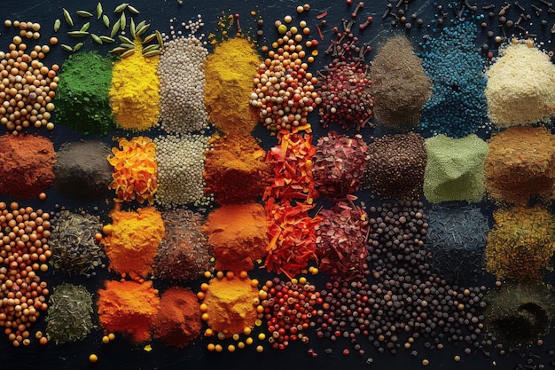 Photo colorful assortment of aromatic spices and herbs featuring peppercorns turmeric and chili flakes