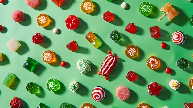 Photo a colorful assortment of candies on a green background