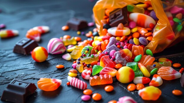 Colorful assortment of candies spilling from an orange bag on a dark surface Concept of sweets indulgence treats confectionery