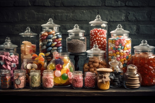 Colorful assortment of candy and other sweets on display in glass jars created with generative ai