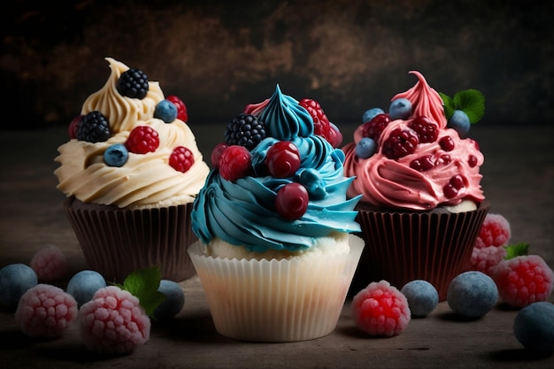 A colorful assortment of cupcakes with swirled cream frosting and berries including vanilla chocolate blueberry and raspberry Also a blueberry muffin party box Generative AI