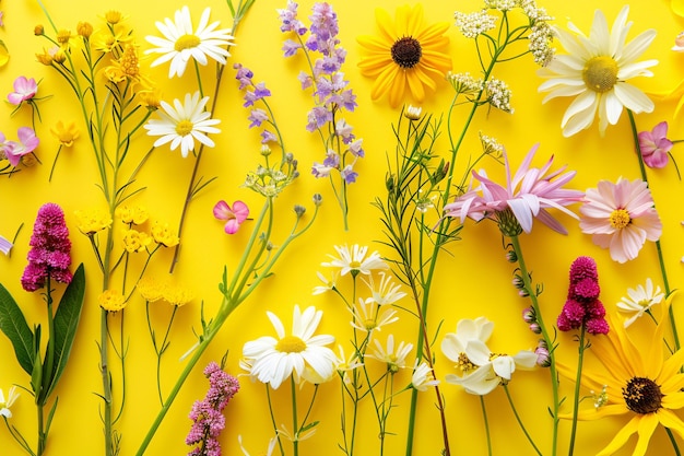 Photo colorful assortment of flowers is lying on a bright yellow background