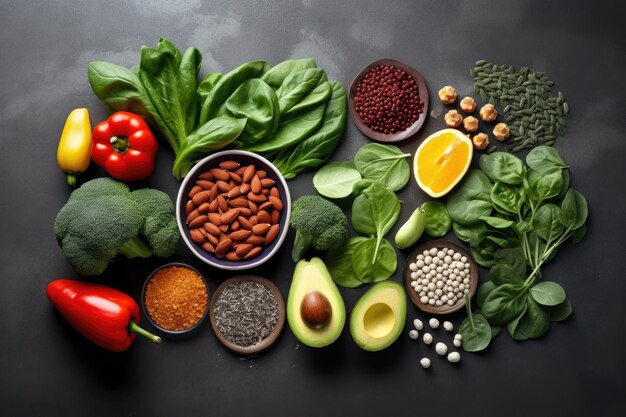 Photo colorful assortment of fresh vegetables nuts and spices arranged on a dark background for a healthy