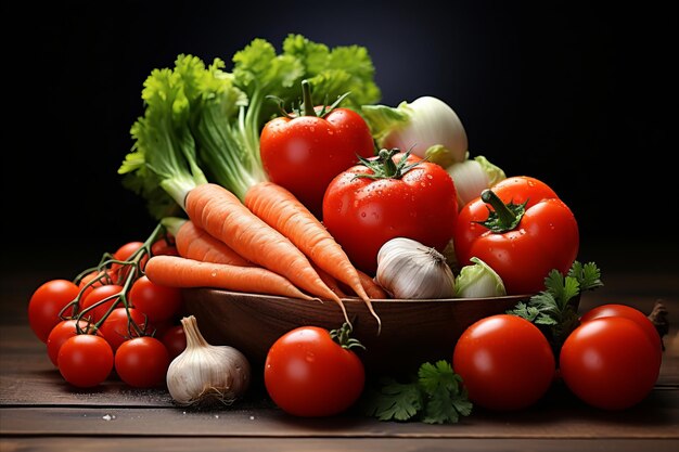 Colorful assortment of freshly harvested vegetables arranged beautifully on a rustic wooden plate