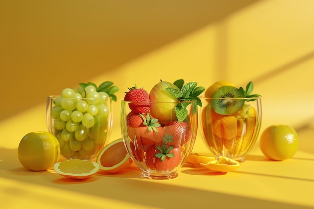 A colorful assortment of fruit in bowls on a table