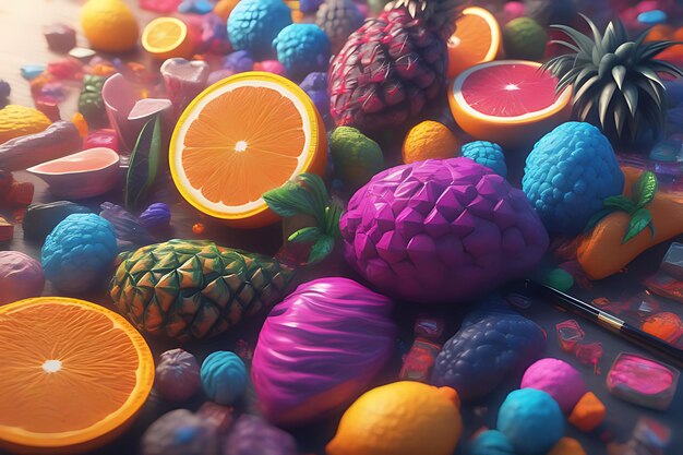 Photo a colorful assortment of fruit including oranges oranges and a pineapple