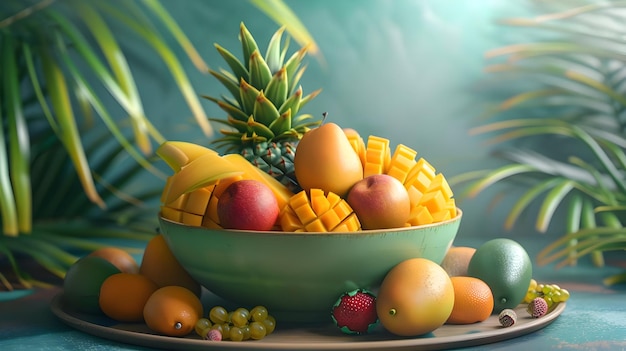 a colorful assortment of fruits and vegetables arranged on a blue table including yellow and red apples oranges and a green bowl