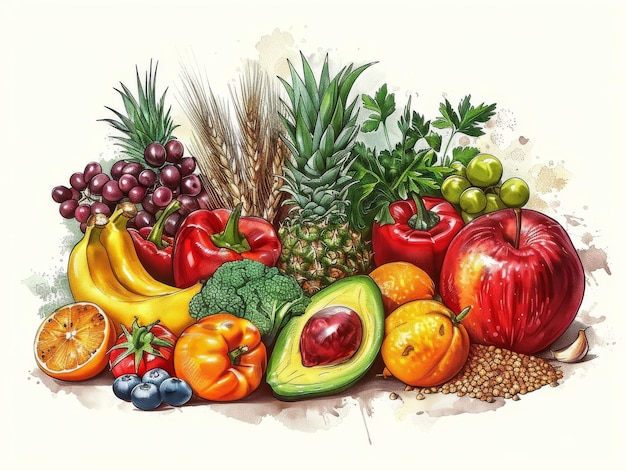 A colorful assortment of fruits and vegetables including bananas apples