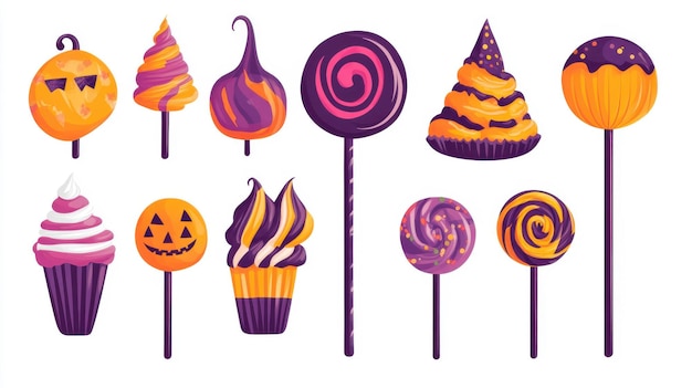 Photo colorful assortment of halloweenthemed desserts including lollipops and cupcakes against a soft background