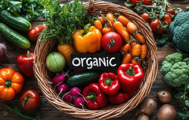 A colorful assortment of organic vegetables is displayed in a woven basket with a chalkboard sign