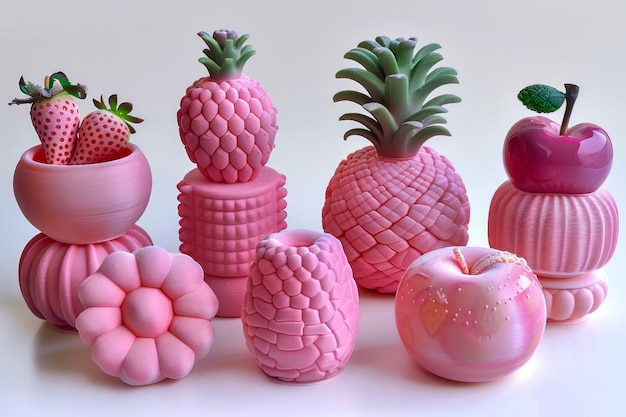 Colorful Assortment of Pink Fruit Shaped Ceramic Containers on White Background