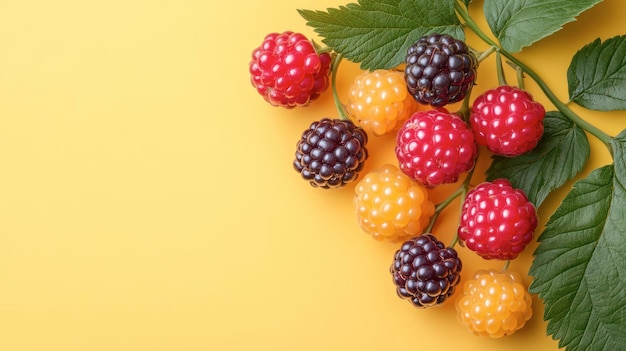 Photo colorful assortment of raspberries on a bright yellow background