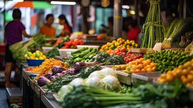 A colorful assortment of ripe fruits and fresh vegetables displayed on a wooden table