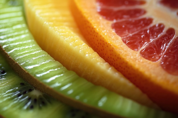 Photo colorful assortment of sliced fruits arranged in vibrant layers on a contrasting background