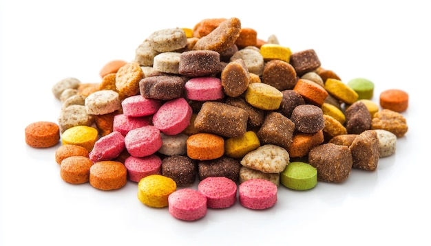 Photo a colorful assortment of small round and shaped treats likely pet food or vitamins arranged in a pile