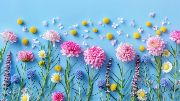 A colorful assortment of spring flowers laid out in a creative flat lay on a blue backdrop