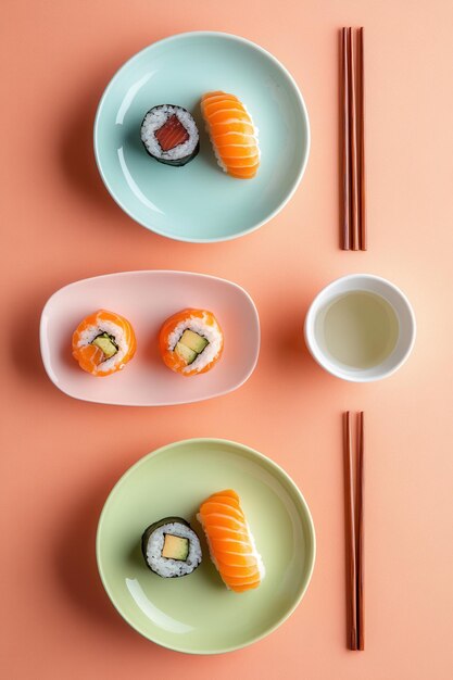 Photo colorful assortment of sushi and sashimi plates beautifully arranged with chopsticks and tea on a vibrant background