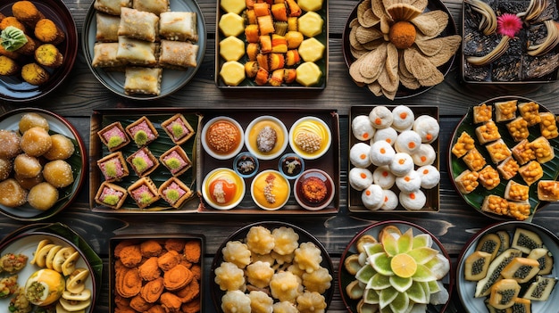 Photo colorful assortment traditional asian desserts wooden table