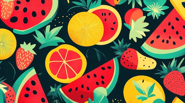 Colorful assortment of tropical fruits on a dark background highlighting vibrant patterns and textures