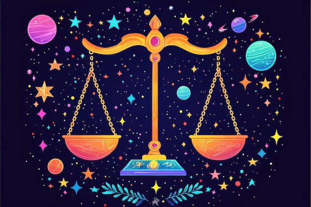 Colorful astrological scales symbol with planets and stars in night sky background