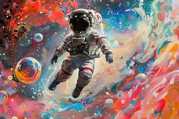 A colorful astronaut is floating in a sea of bubbles generative ai image