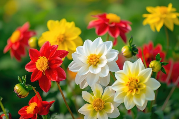 Colorful August dahlias on green background Summer flowers in Asteraceae