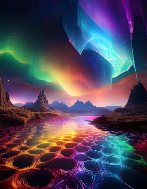 Photo a colorful aurora over a river with mountains and aurora borealis