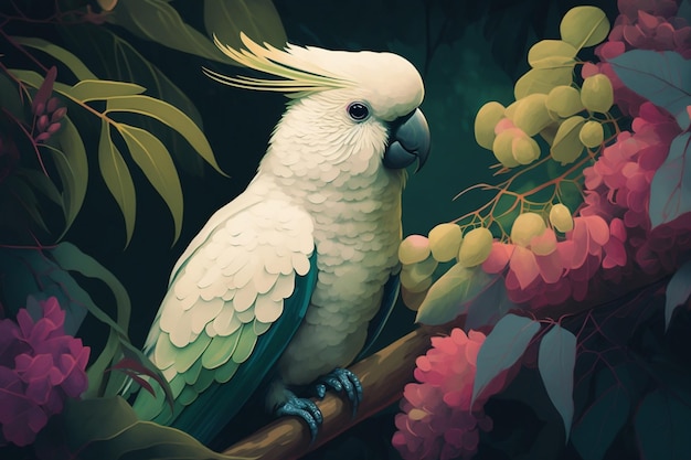 Colorful Australian Cockatoo Parrot in Tropical Rainforest with Exotic Plants and Flowers Generative AI