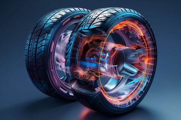 Photo colorful automotive tire with intricate tread pattern and glowing lights representing advanced tire technology and design