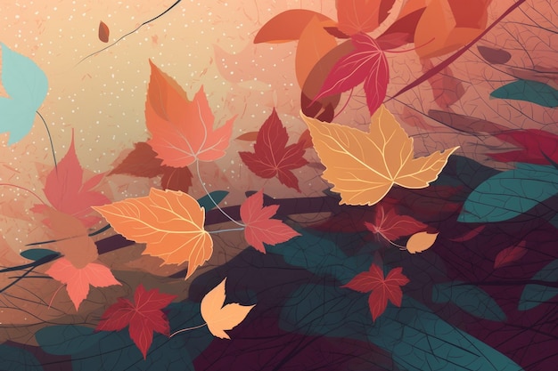 A colorful autumn background with leaves falling from the sky.