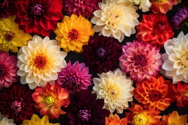 Colorful autumn dahlia flowers pattern as background Top view