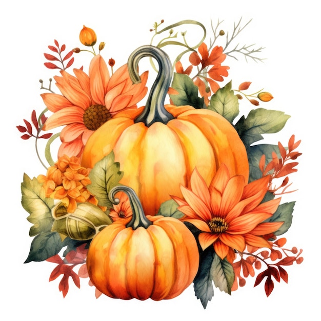 Colorful Autumn Floral Pumpkin Arrangement Illustration on White Background Fall Bouquet